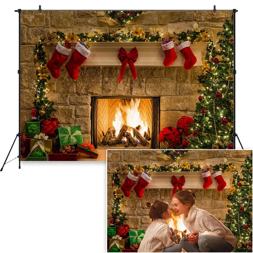 Рождественская фоновая фотография Рождество кирпич, дерево, стена, Дед Мороз, носок, фон для фотографии для фотостудии