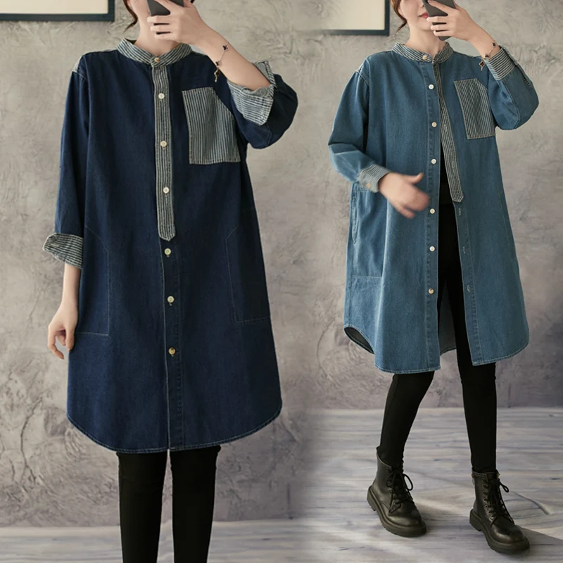 

Femmes Shirt Denim Coat Women Tunic Shirt Jeans Striped Long Sleeve Clothing Loose Button Cardigan 2021 Spring Clothing Tops