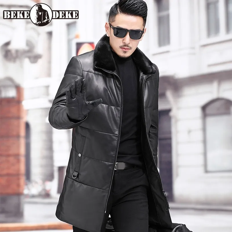 Genuine Leather Down Jacket Men Winter Thick Mink Fur Collar Medium Long Coat Streetwear Brand Zipper Business Work Warm Jacket