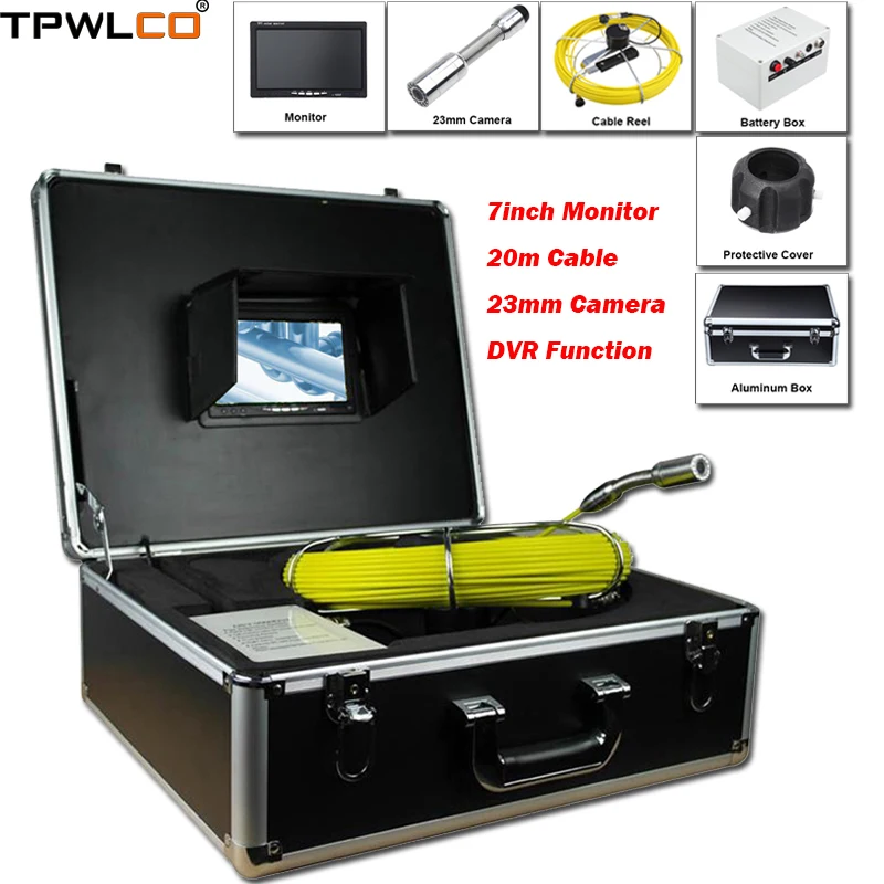 

7" Monitor 20m Cable 8GB SD Card With DVR Recorder 23mm Inspection Pipe Video Camera For Pipeline Industrial Endoscope System