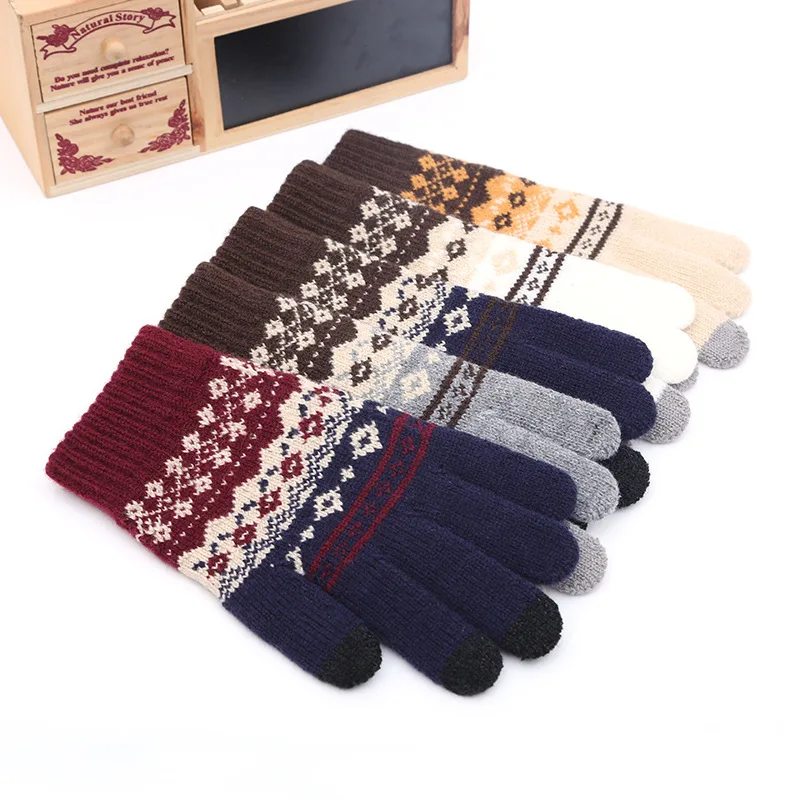 Luvas de tricô de inverno de neve feminino dedo rachado jacquard de veludo homem amante inverno quente grosso luvas de esqui tela de toque