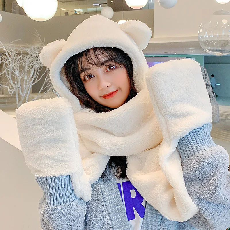 Lamb Wool Winter Beanie Hats For Women Girls Scarf Gloves One Piece Warm And Cold Ear Protection Cotton Cap Female Cute Bear Hat