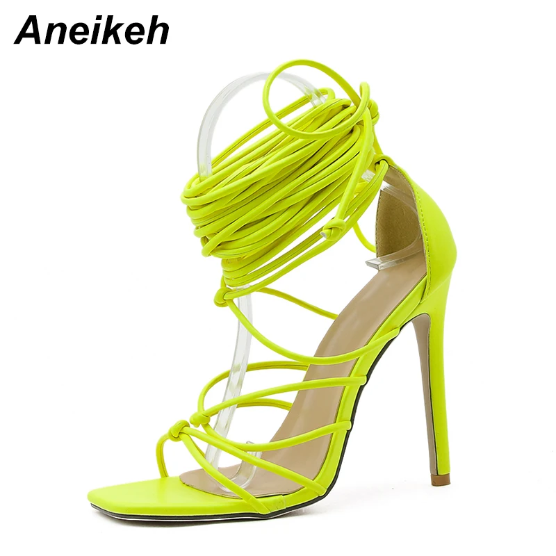 Aneikeh NEW Summer Sexy Women\'s Sandals Narrow Band Slides Ladies Gladiator Party Thin Heels Square Toe colourful Shoes Fashion