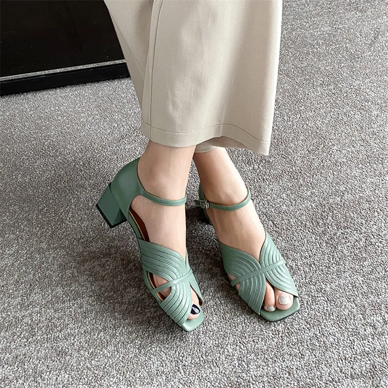 Meotina Summer Sandals Shoes Women Natural Genuine Leather Thick Heel Ankle Strap Shoes Real Leather Buckle Sandals Ladies 33-40