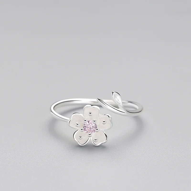 Real 925 Sterling Silver Zircon Enamel Plum Flower Adjustable Ring Elegant Fine Jewelry For Women Romantic Party Bijoux