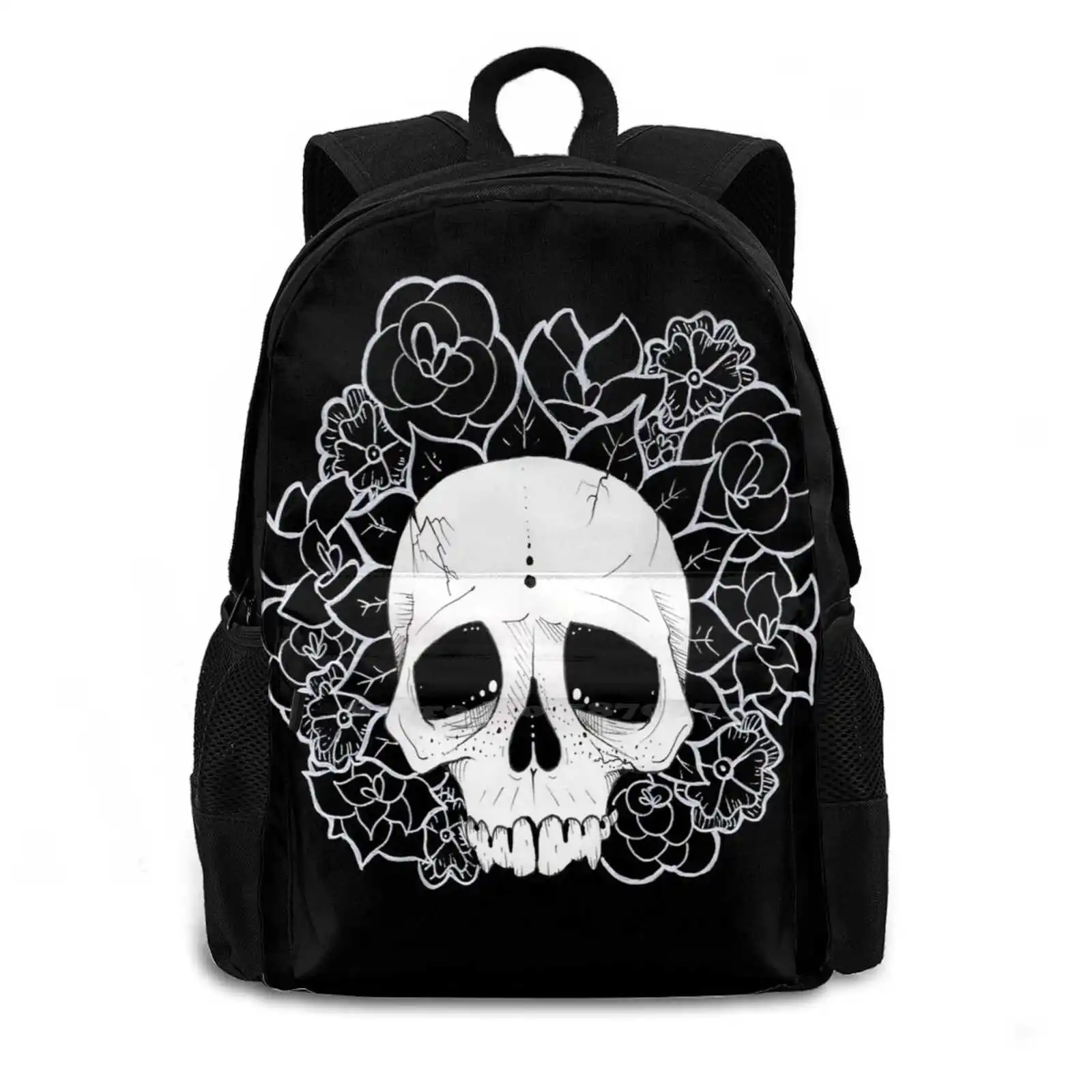 Of Life Padrão Design Bolsa Mochila Estudante Flor Coroa Preto E Branco Crânio Com Flores Morte Emilyheemer Of Life