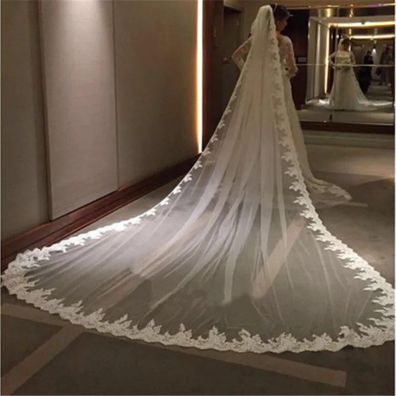 Wit Ivoor 4 M Lange Voile Mariage Kant Wedding Veils 1 Laag Tule Bruidssluier Met Kam Bruiloft Accessoires Veu de Noiva Wo