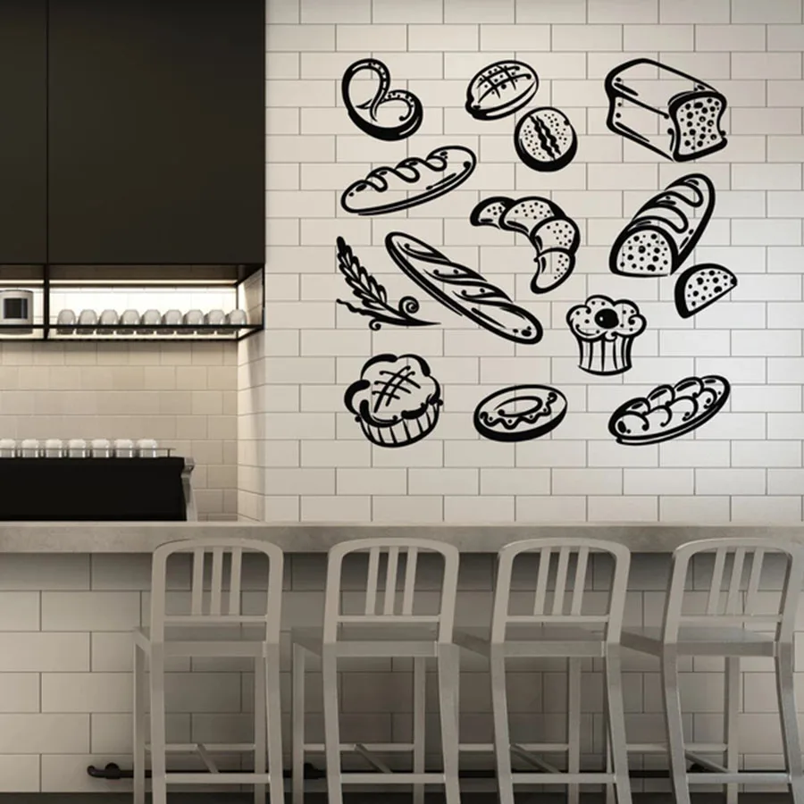 Bread Snack Wall Decal Bakehouse Baking Products Dessert Kitchen Restaurant Interior Decor Door Window Vinyl Stickers Mural Q176
