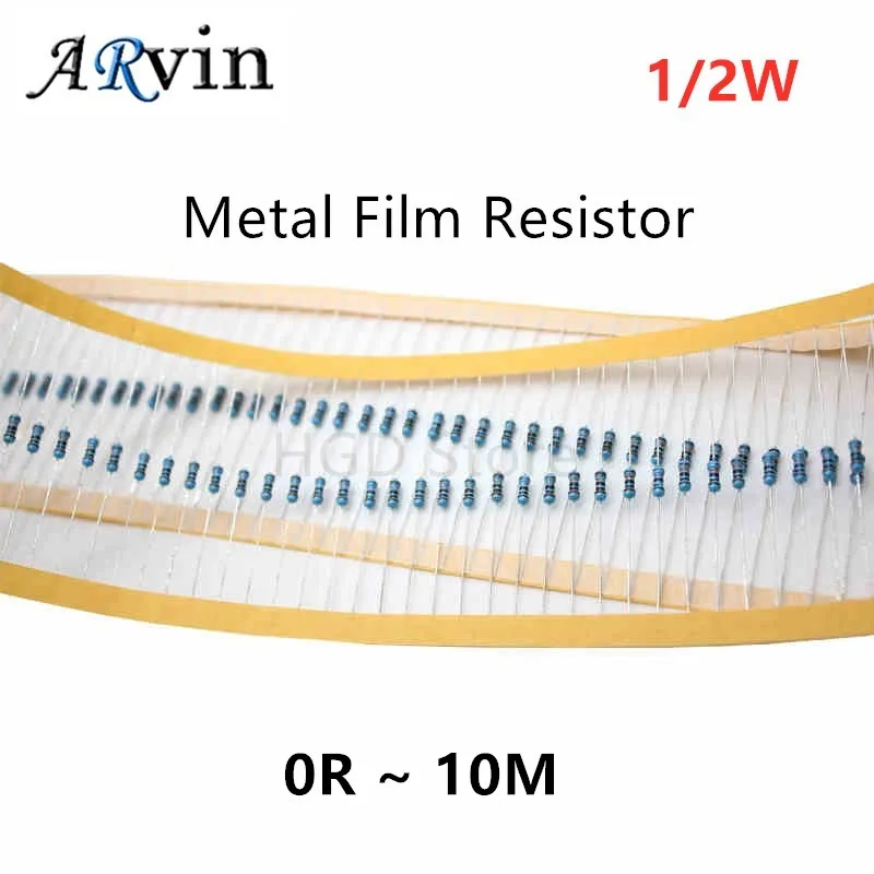 50Pcs 1/2W Metal Film Resistor 1% 0R ~ 10M 0.1R 100R 220R 1K 1.5K 2.2K 4.7K 10K 22K 47K 100K 100 220 1K5 2K2 4K7 ohm Resistance