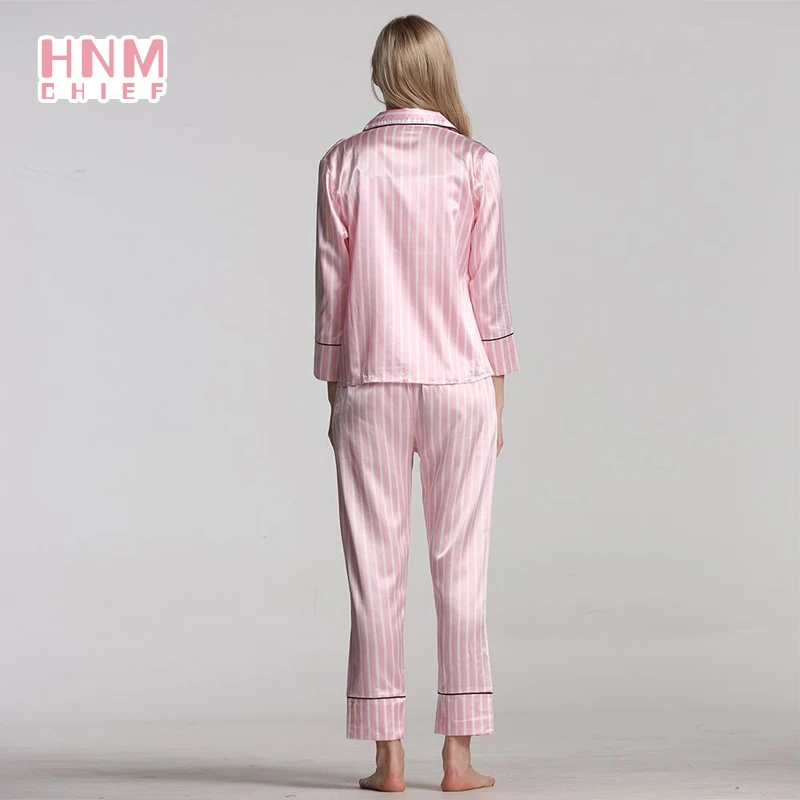 HNM Pink Stripe Print Pajamas Set Silk Satin Homewear Women\'s 7 Pieces Sleepwear Sets Pyjama Women Spring Summer Autumn