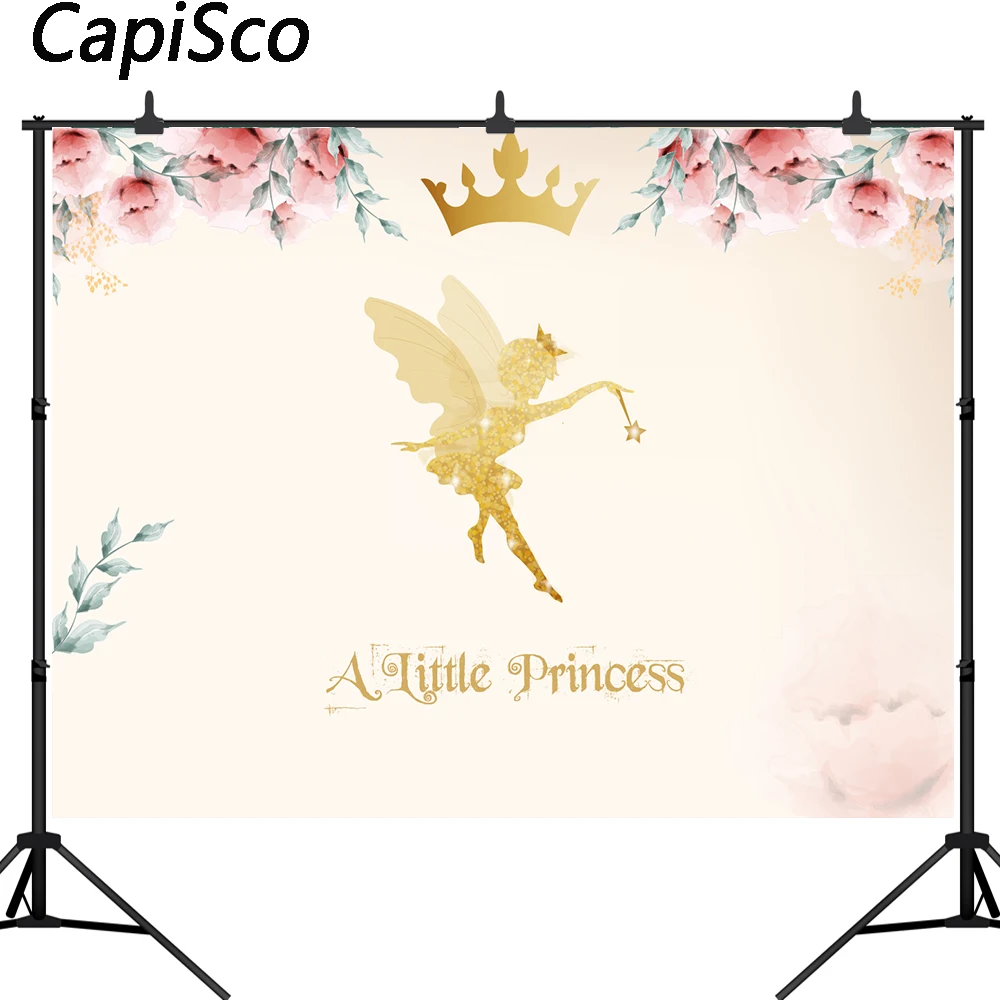 Capiscoการถ่ายภาพฉากหลังGolden Fairyเล็กๆน้อยๆเจ้าหญิงวันเกิดดอกไม้สีน้ำพื้นหลังPhoto Studio Prop