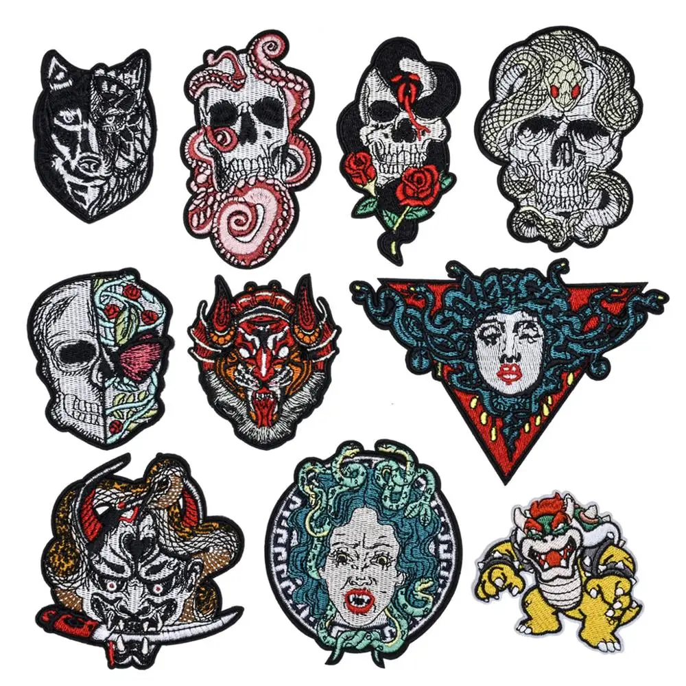 Skull rose wolf Medusa patch Embroidered iron on patches pack The Bleeding large mythology figure patches For Clothes Sticker