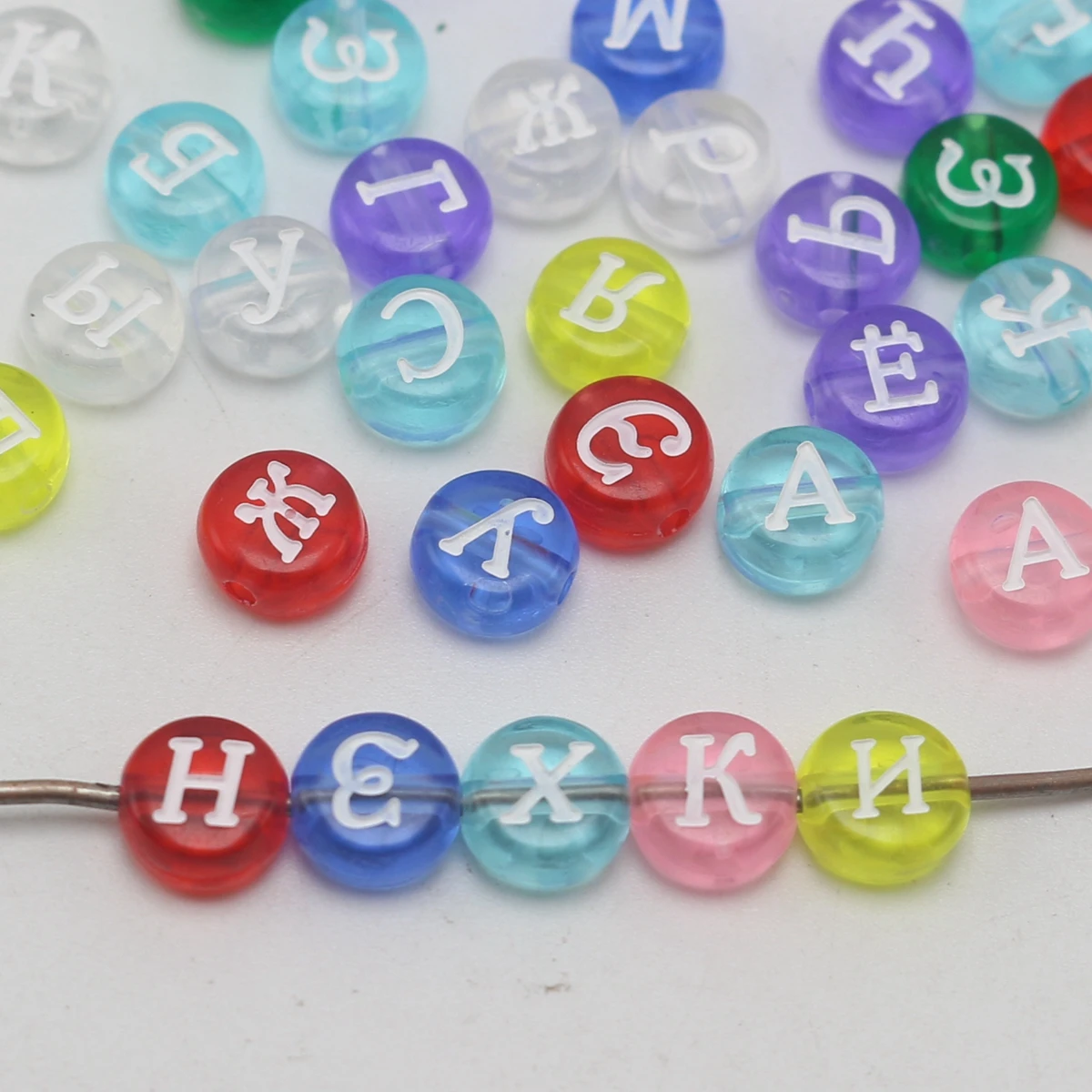 250 Mixed Transparent Colour Acrylic Russian Alphabet Letter Coin Beads 4X7mm