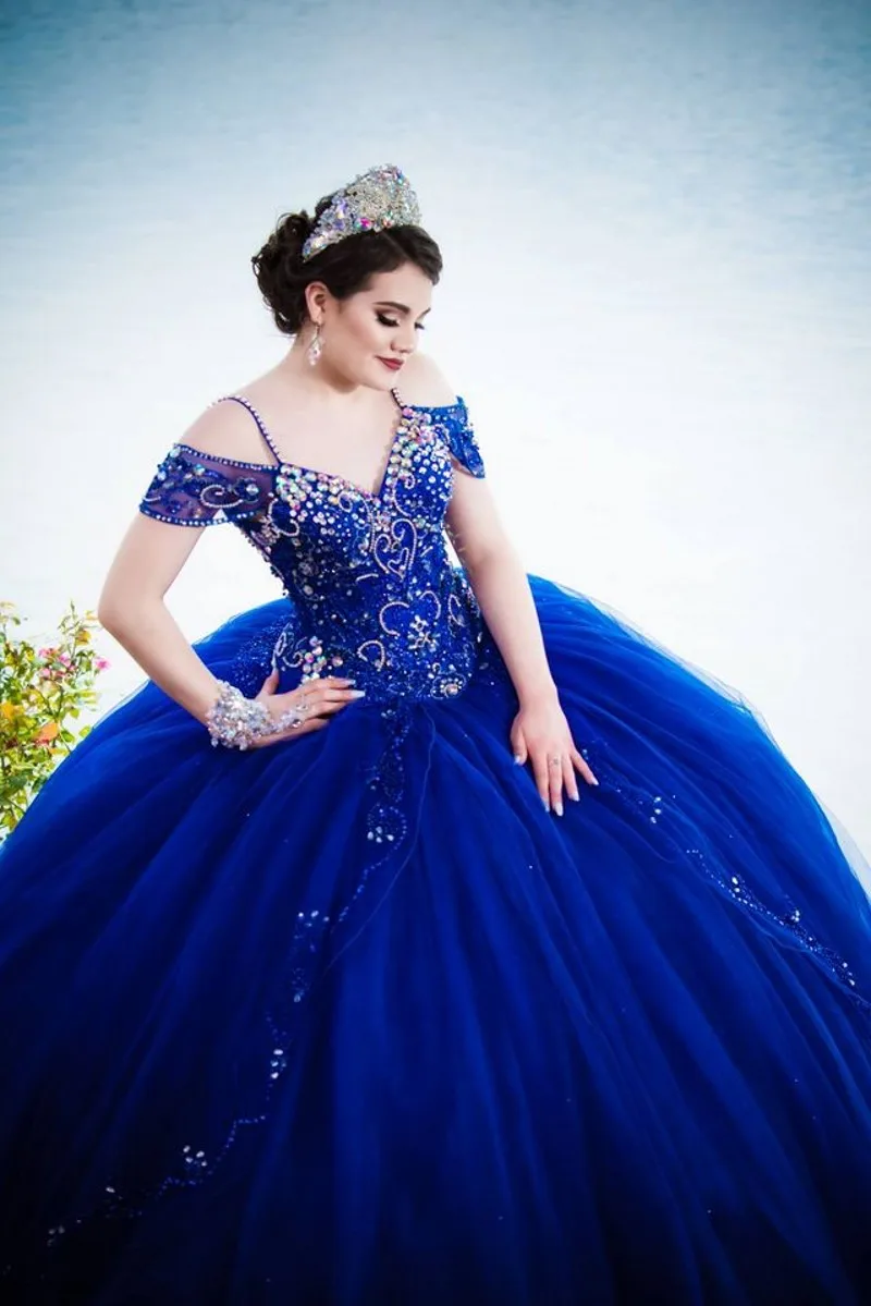 Royal Blue sukienka na Quinceanera gorset powrót kryształ zroszony bufiasta spódnica Vestidos Para XV Años słodka 16 sukienka de soirée