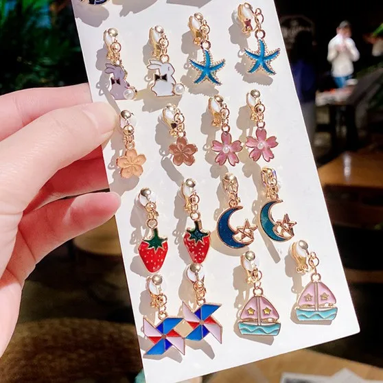 Cartoon style star moon ear clip style Earrings For Girls Child Small Cute Colorful Kids Earrings For Girl clip Earring Jewelry