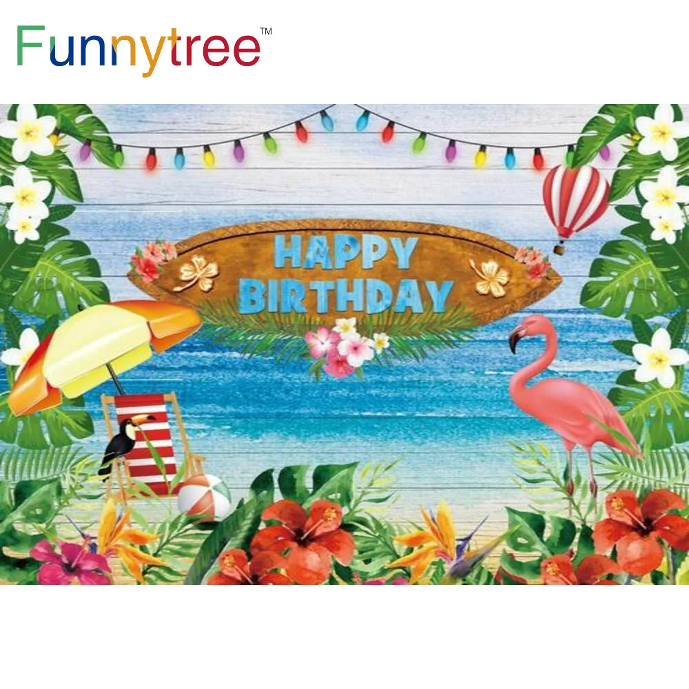 

Funnytree Happy Birthday Party Background Lights Banner Leaves Flamingo Tropical Flowers Summer Sea Holiday Photocall Backdrop