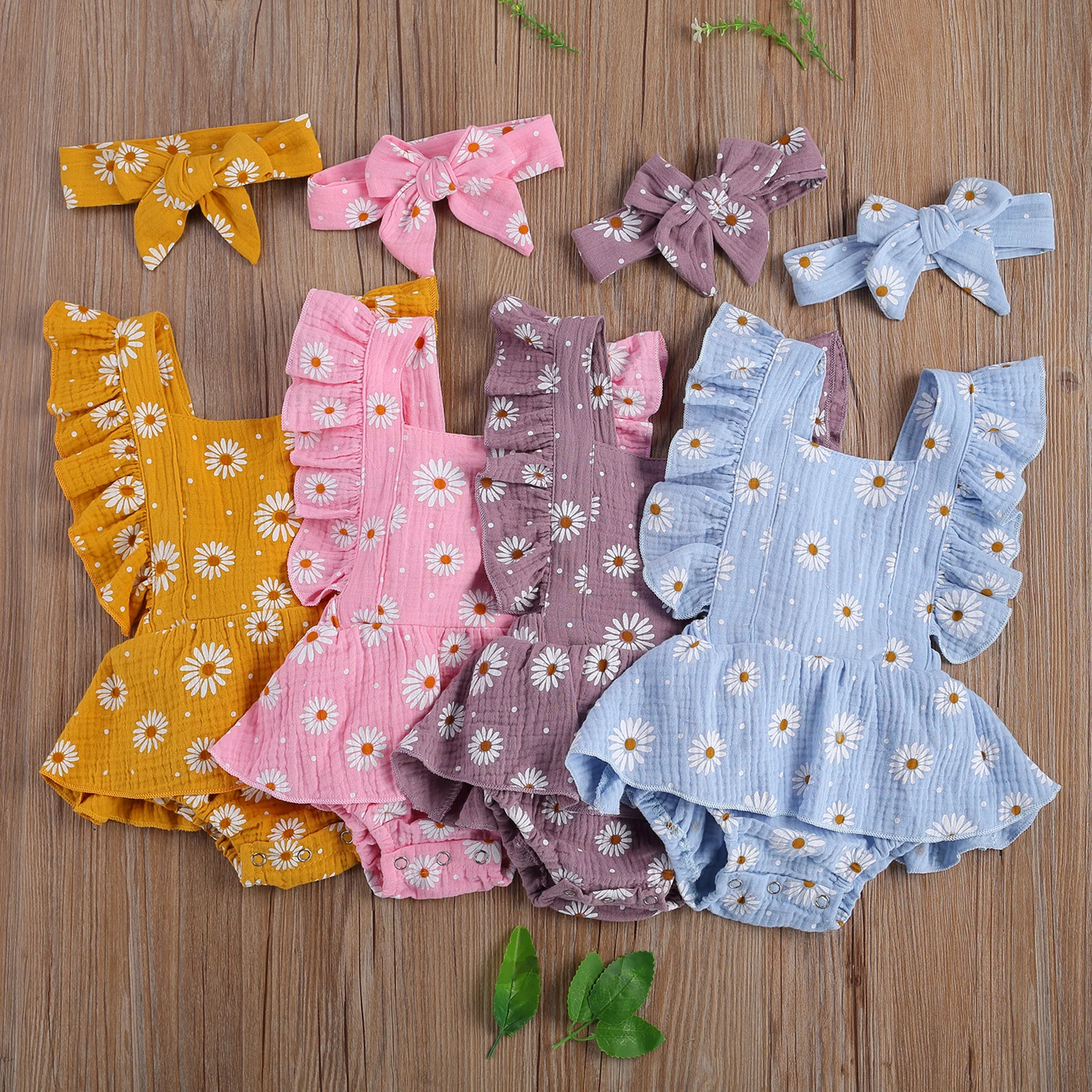 Cute Newborn Baby Girls Daisy Romper Ruffles Fly Sleeve Print Jumpsuit Summer Clothing for 0-24Months