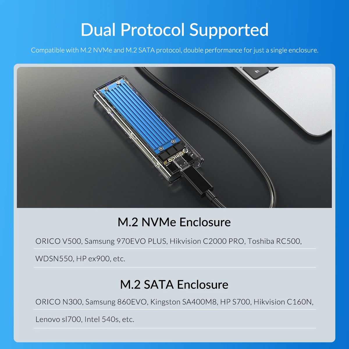 ORICO M2 SSD Case NVMe NGFF Dual Protocol USB3.1 GEN2 10Gbps SSD Enclosure for NVME PCIE M Key NGFF SATA B&M Key SSD Disk