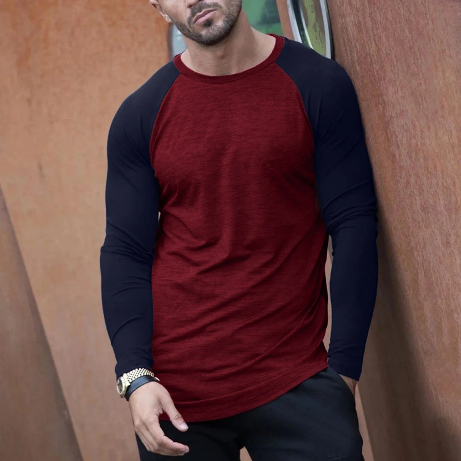 Men\'s Autumn Patchwork Long Sleeve T-shirt Slim Casual Fashion O Neck Pullover Top Daily Sports Oversized T Shirt Men Camisetas