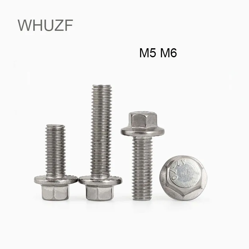 WHUZF 10pcs M5 M6 304 Stainless Steel Metric Thread GB5787 Hexagon Head with Serrated Flange Cap Screw Hex Washer Head Bolt