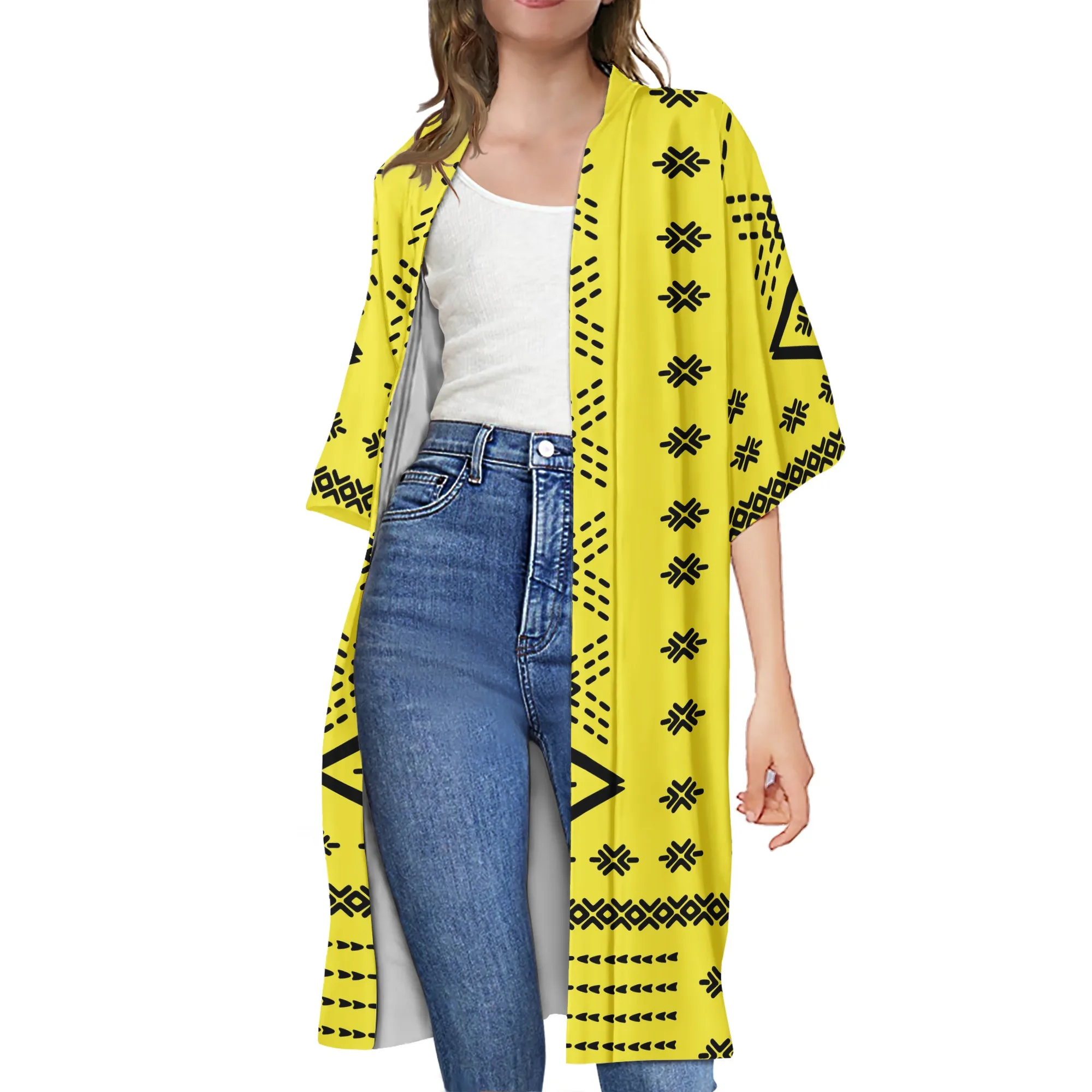 Factory Outlet Samoan Polynesian Print Pattern half Bell Sleeve Classic  yellow Cardigan Long Cardigan for Women Coat