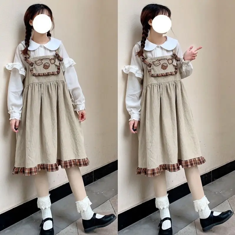 Lolita Cute Bear Corduroy Overall Dress Women Girls Sleeveless Vintage Plaid Ruffle Harajuku Casual Kawaii Suspender Dresses