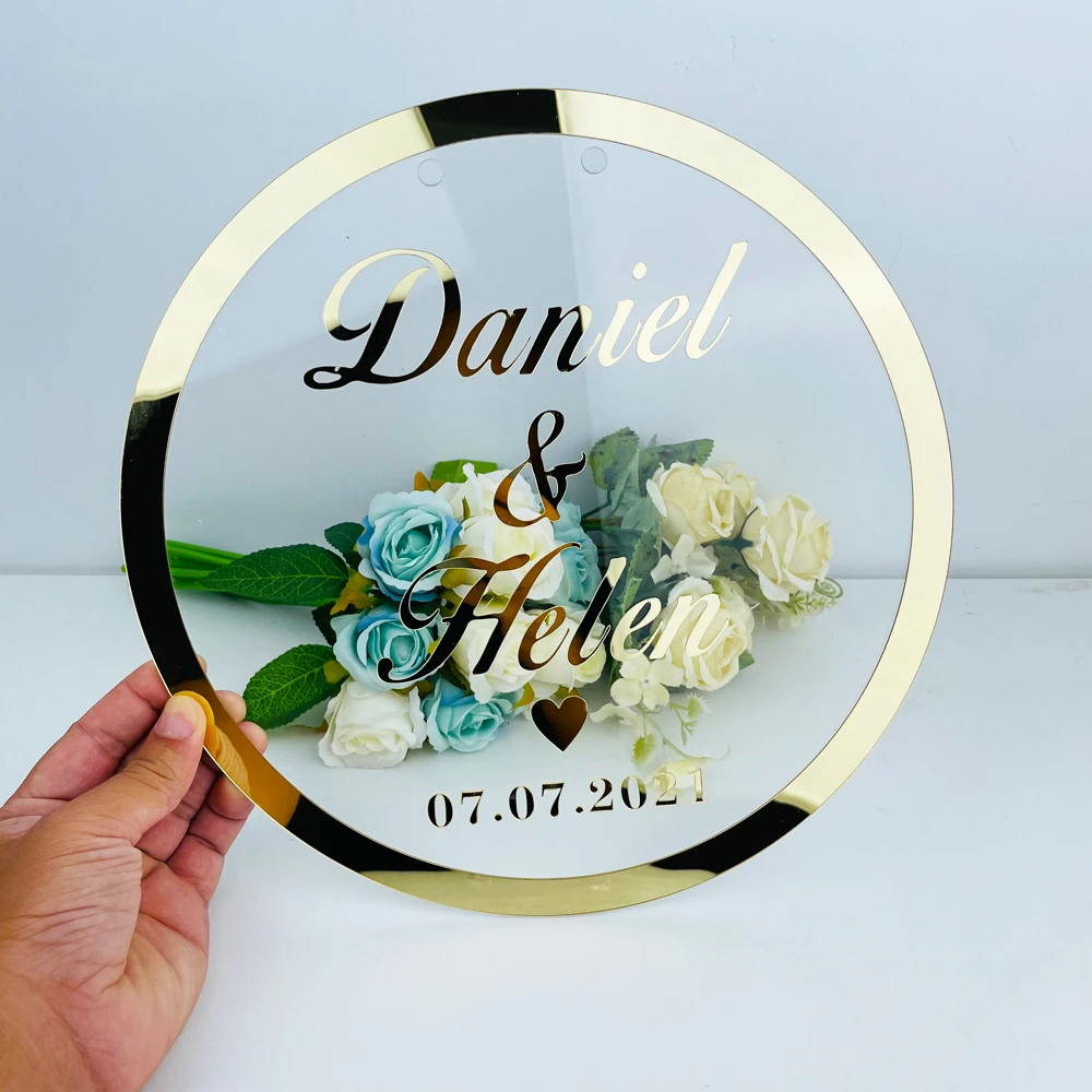 Nome di nozze personalizzato cornice rotonda specchio acrilico personalizzato Babyshower parola segno con fori regali per ospiti decorazioni per feste