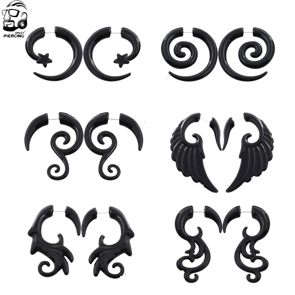 Gothic Style Acrylic Fake Cheater Twist Spiral Earring Tunnel Plugs Retro Black Wings Feather Shape Ear Gauges Expanders Unisex