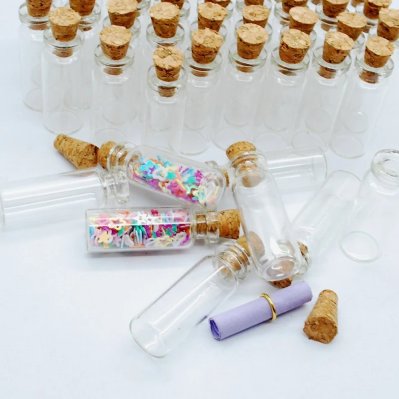 10PCS 1*2.8cm Mini Glass Wishing Bottle Pendant Small Clear Transparent Jar Wooden Stopper Glass Bottle