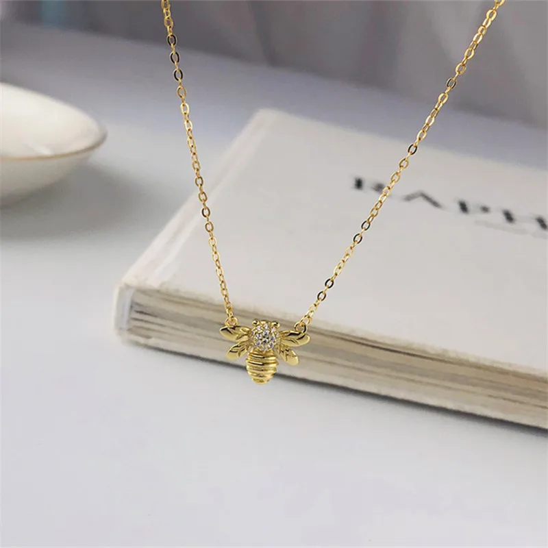 925 Sterling Silver Golden Bee Pendant Clavicle Chain Necklace Women Fashion Charm Wedding Jewelry Accessories Girlfriend Gift