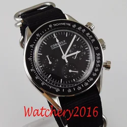 40mm Corgeut Black Dial black bezel quartz movement Full functional chronograph mens watch