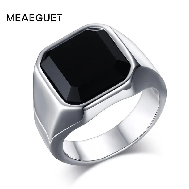 Vantage Black Onyx Signet Ring Mens Stainles Steel Classical Plain Square Husbands Man Anel