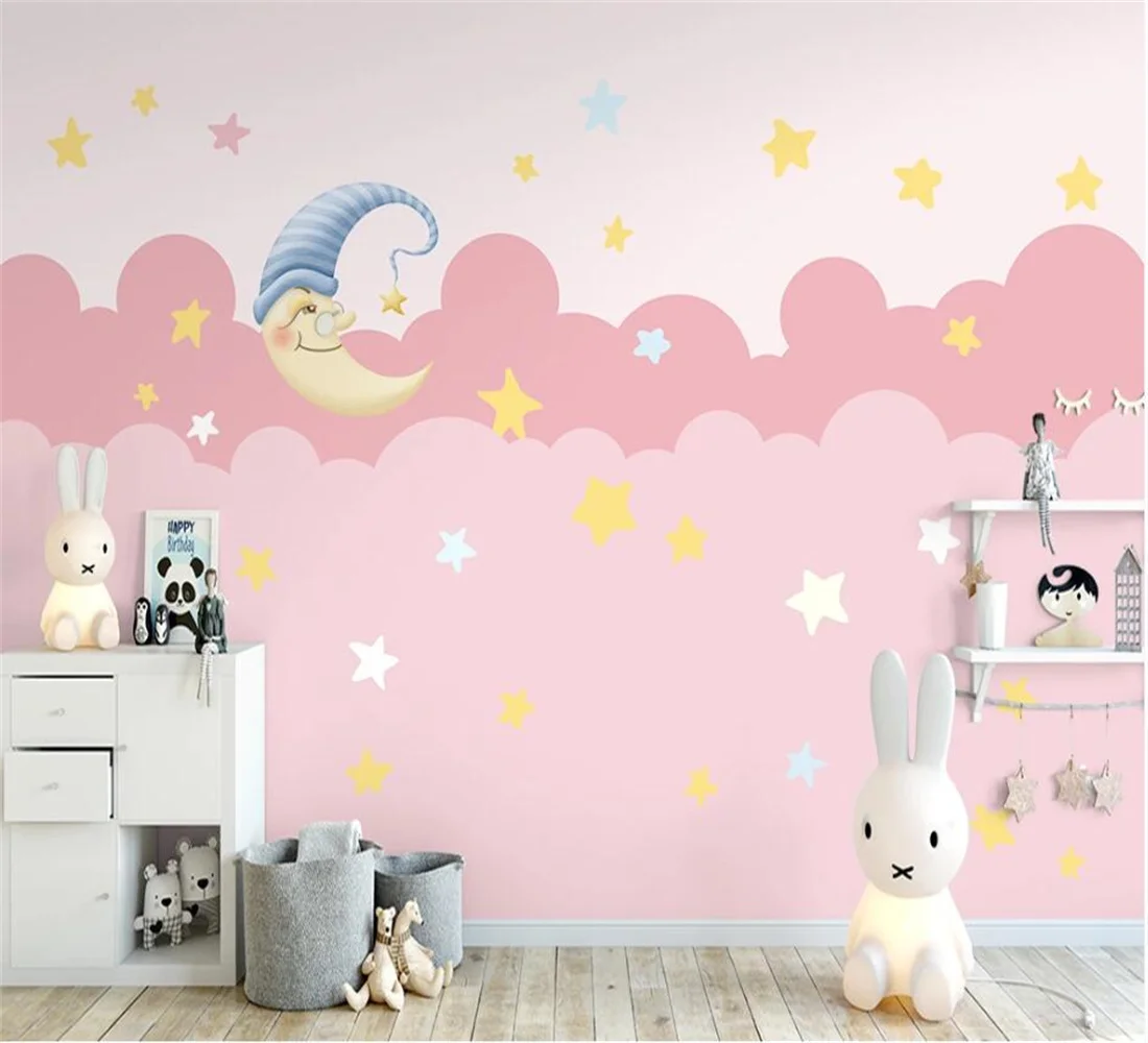 Customized Size Wallpaper Home Decoration Hand drawn Cute Moon Star Pink Children's Room Background Wall 3D Wallpaper mural