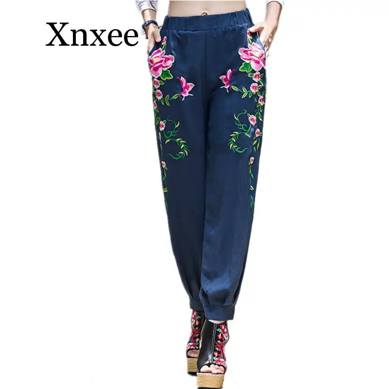 

Embroidery Pants Women Vintage Harajuku Brand Elegant Lady Trousers Casual Wide Leg Pants Woman Clothes Summer Floral pocket