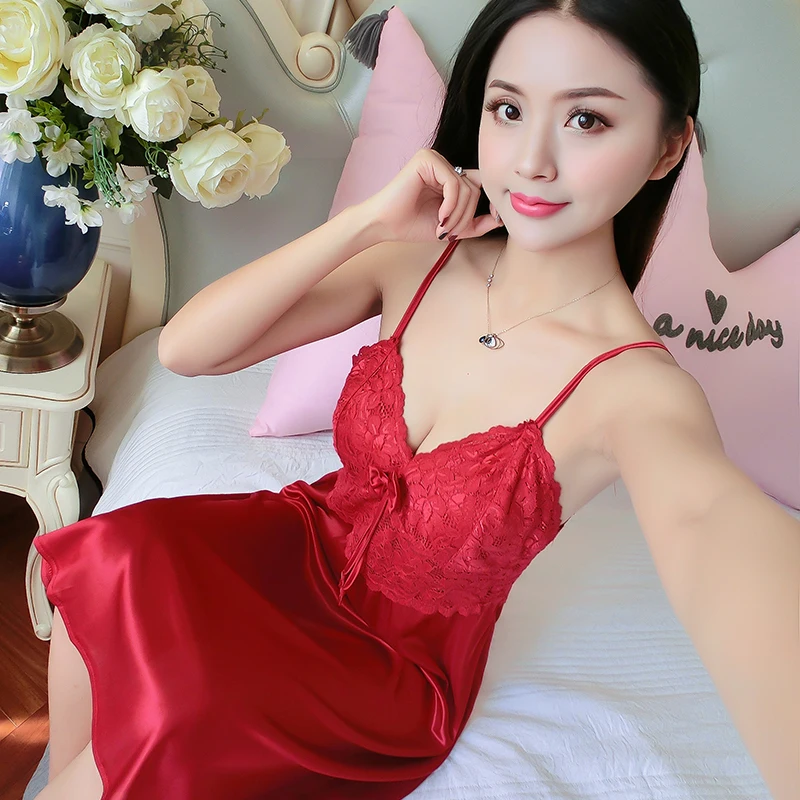 Sexy Lace Nightgown Women Sleepwear Pyjamas Summer Chiffon Sleeveless V Neck Female Sling Nightdress Women Homewear Pink W1893