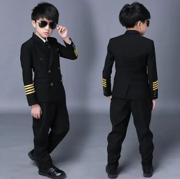 

Children Pilot Uniform Airline Captain Boy Overalls Air Force Kids Suit Spring Black