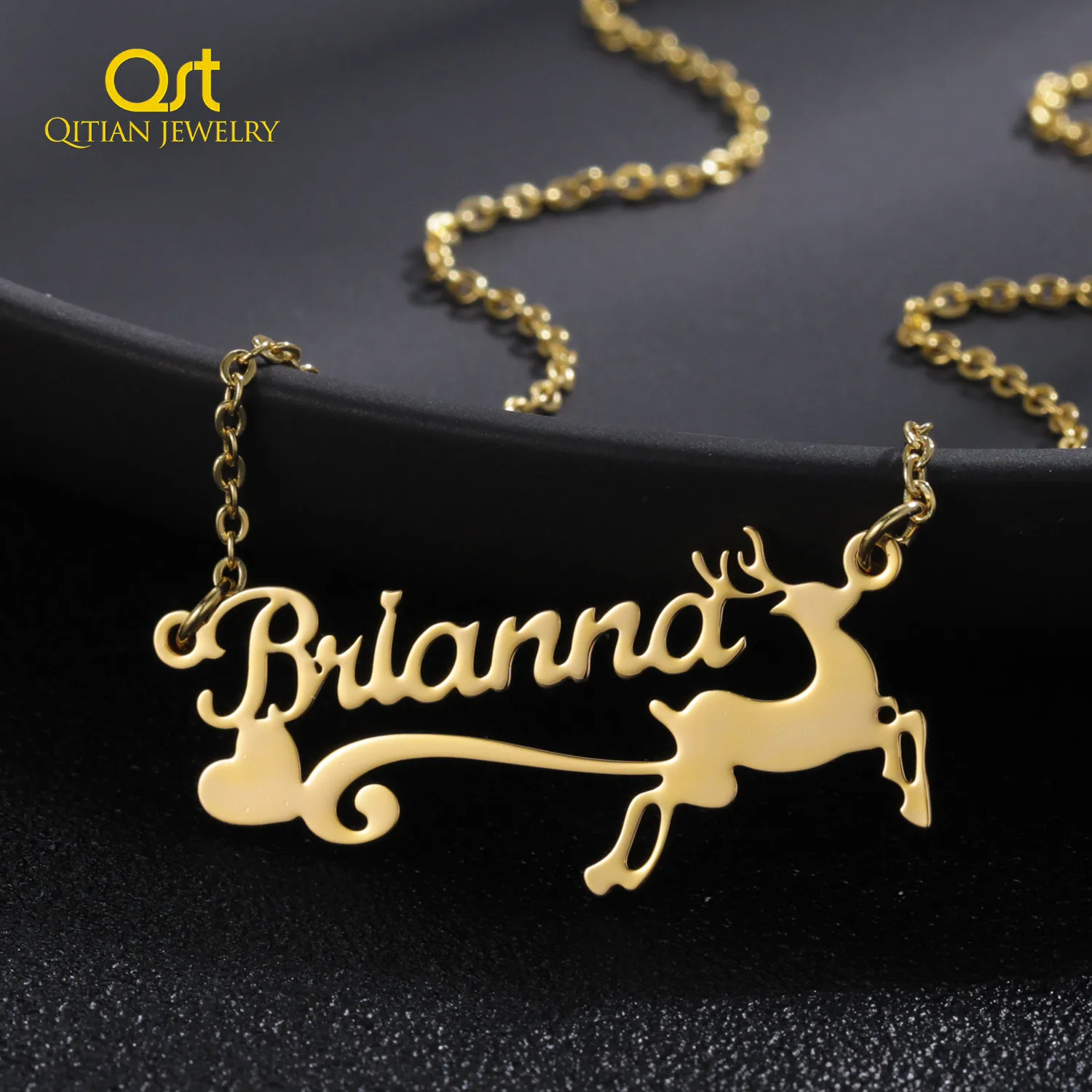 

Personalized Elk Name Necklace Custom Name Stainless Steel Nameplated Deer Antlers Necklace Christmas Jewelry Gifts Women Girls