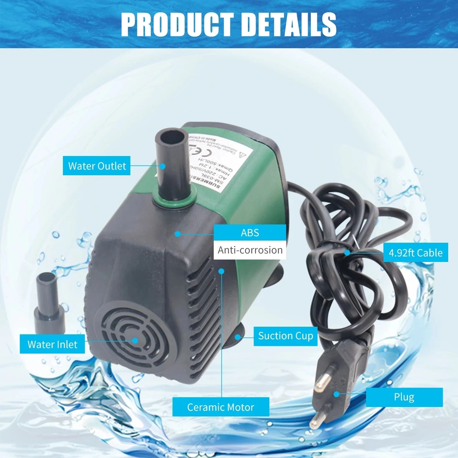 7W 600L/H Ultra-Quiet Submersible Water Fountain Pump with Nozzles Filter Fish Pond Aquarium Water Pump Tank Fountain