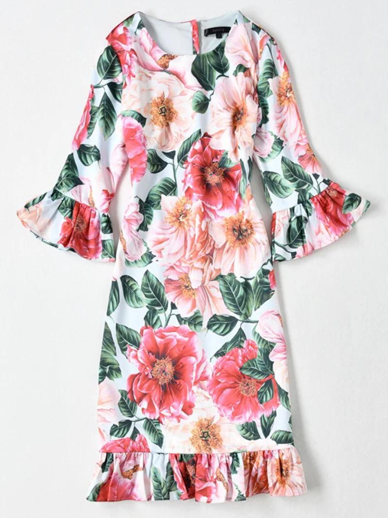 Camellia Print Women Ruffle Dress Round Neck Short Sleeve Dresses