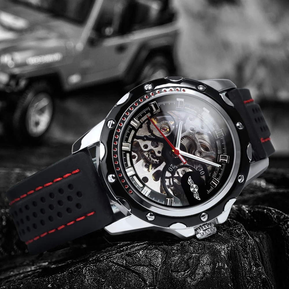 WINNER Sports Outdoor Automatic Watch for Men Luminous Hands Black Skeleton Mechanical Watches Luxury Brand Rubber Strap Clock