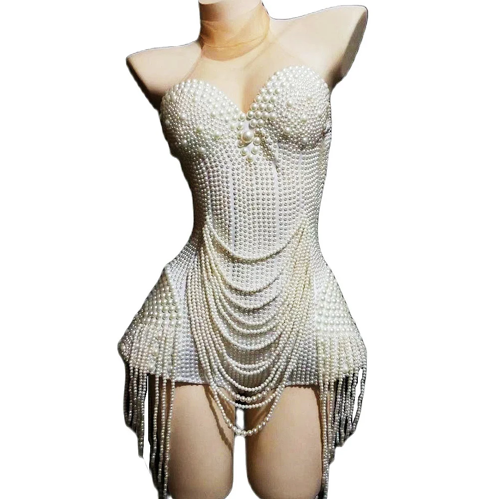 White Beaded Pearls Women Birthday Party Bodysuits Mesh Jumpsuits Nightclub Singer Dancer Performance Drag Queen Stage Wear