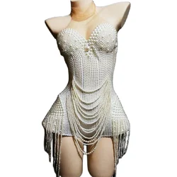 Women White Beaded Bodysuits Prom Masquerade Pearls Birthday Party Mesh Jumpsuits Nightclub Performance Drag Queen Stage Wear