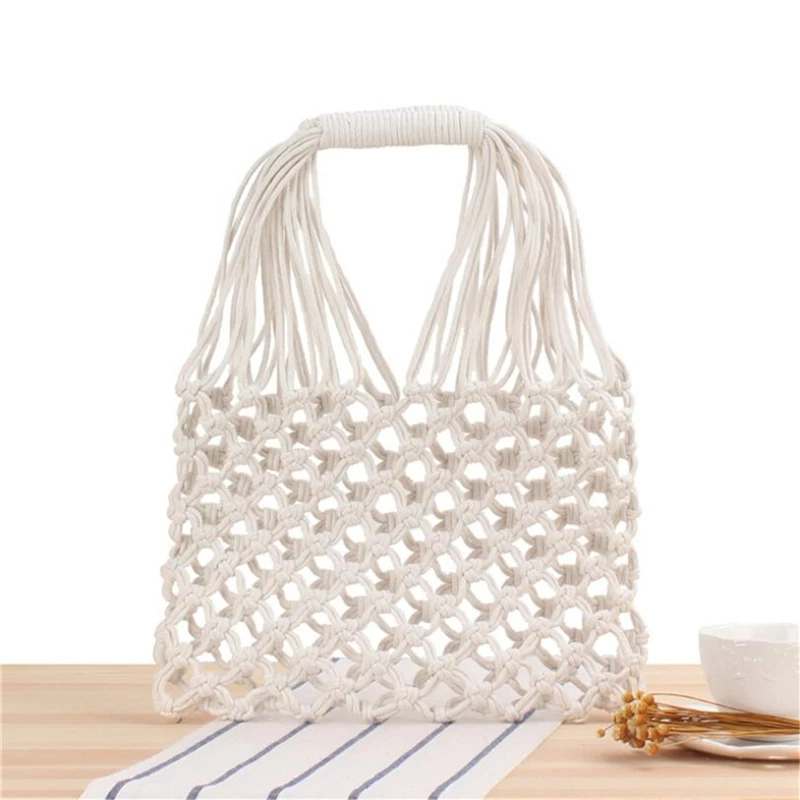 New Handwork Woven Straw Beach Bag for Women Summer Casual Hollow-out Shopping Travel Bag Cotton Rope Net Soft Handbag IL00588