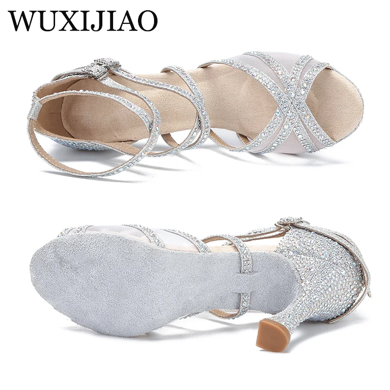 WUXIJIAO Silver silk satin rhinestone modern dance shoes Latin dance shoes wedding shoes Baotou rhinestone designarty