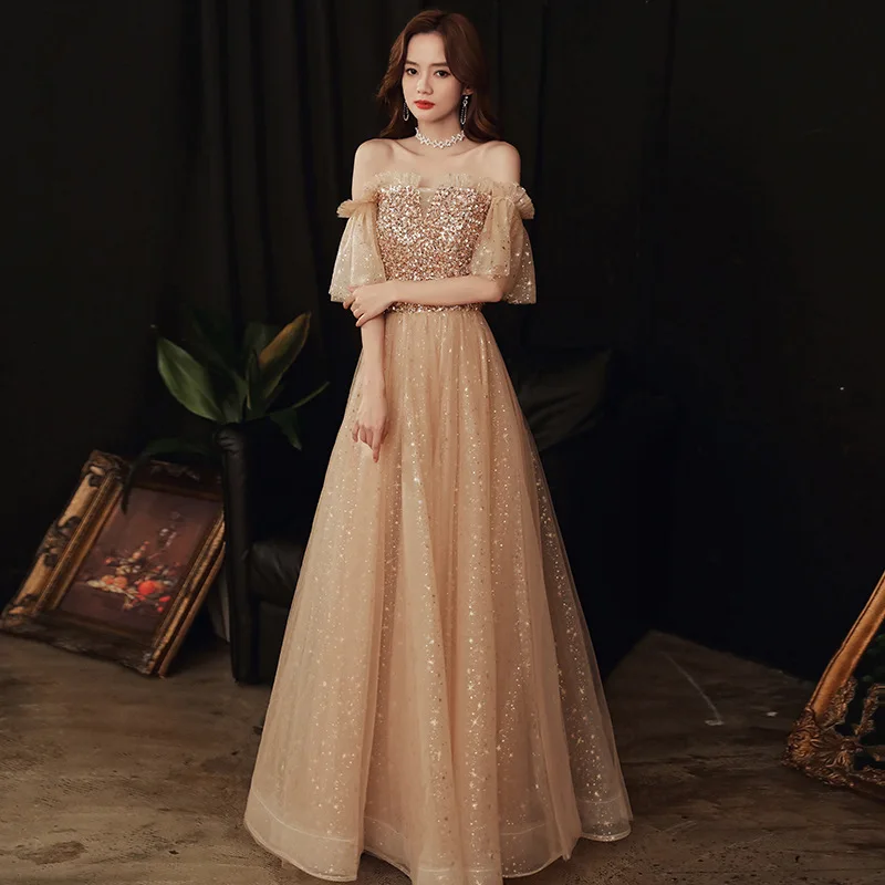 Champagne Off-shoulder Tulle Evening Dress Sparkly Sequins A-Line Floor-Length Elegant Backless Lace Up Party Formal Gown Woman