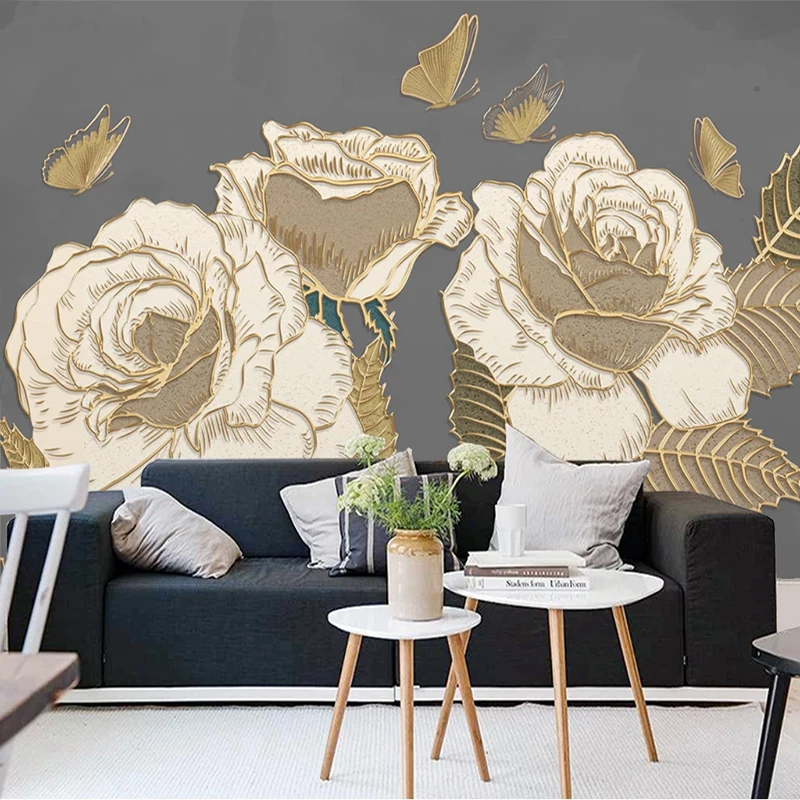 Custom Wall Mural Beautiful Golden Relief Rose Butterfly Wallpaper Living Room TV Background Home Decor Papel De Parede