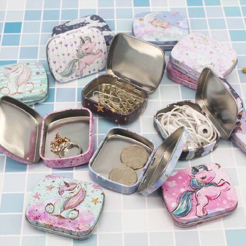 1Pc Cartoon Unicorn Tin Box 5.5*4.3*1.5cm Candy Sugar Pill Packing Box Mini Flamingo Pattern Metal Jewelry Storage Sewing Case