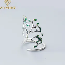 XIYANIKE Silver Color  Tree of Life Green Leaves Adjustable Finger Rings for Women GirlsTrendy Cute Jewelry Accessories