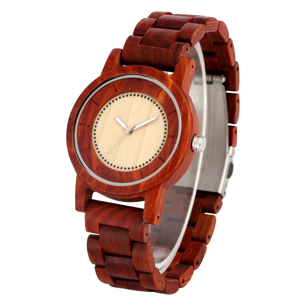 Men's Quartz Wooden Watch Creative Luminous Pointers Dial Wooden Watches for Boyfriend Red Wood Strap Wooden Wristwatch