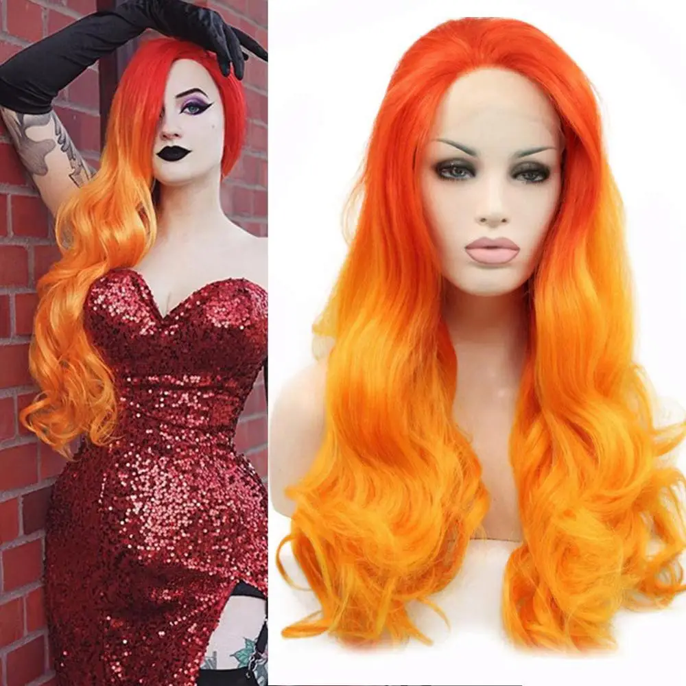 Long Wavy Lace Front Wig Ombre Red Orange Synthetic Wig Bright Fire Color Wigs for Women Free Part 180% Density Cosplay Wig 24